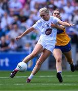 13 August 2023; Neasa Dooley of Kildare in action against Siofra Ni Chonaill of Clare during the 2023 TG4 All-Ireland Ladies Intermediate Football Championship Final match between Clare and Kildare at Croke Park in Dublin. Photo by Piaras Ó Mídheach/Sportsfile