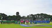 18 August 2023; Players and officials before match one of the Men's T20 International series between Ireland and India at Malahide Cricket Ground in Dublin. Photo by Seb Daly/Sportsfile