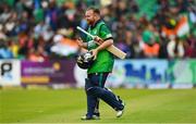18 August 2023; Ireland batter Paul Stirling after being dimissed by India bowler Ravi Bishnoi during match one of the Men's T20 International series between Ireland and India at Malahide Cricket Ground in Dublin. Photo by Seb Daly/Sportsfile