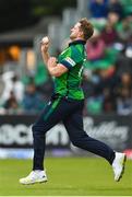 18 August 2023; Ireland bowler Barry McCarthy during match one of the Men's T20 International series between Ireland and India at Malahide Cricket Ground in Dublin. Photo by Seb Daly/Sportsfile
