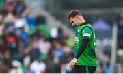 18 August 2023; Ireland bowler Josh Little reacts during match one of the Men's T20 International series between Ireland and India at Malahide Cricket Ground in Dublin. Photo by Seb Daly/Sportsfile