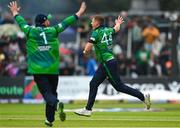 18 August 2023; Ireland bowler Craig Young celebrates claiming the wicket of India's Tilak Varma during match one of the Men's T20 International series between Ireland and India at Malahide Cricket Ground in Dublin. Photo by Seb Daly/Sportsfile