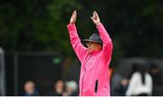 18 August 2023; Umpire Mark Hawthorne during match one of the Men's T20 International series between Ireland and India at Malahide Cricket Ground in Dublin. Photo by Seb Daly/Sportsfile