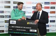 18 August 2023; Barry McCarthy of Ireland is presented with the Best Striker of the Match award by Cricket Ireland chief executive Warren Deutrom after match one of the Men's T20 International series between Ireland and India at Malahide Cricket Ground in Dublin. Photo by Seb Daly/Sportsfile