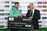 18 August 2023; Barry McCarthy of Ireland is presented with the Best Striker of the Match award by Cricket Ireland chief executive Warren Deutrom after match one of the Men's T20 International series between Ireland and India at Malahide Cricket Ground in Dublin. Photo by Seb Daly/Sportsfile