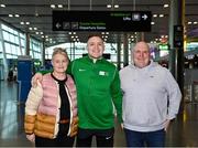 18 August 2023; Seán Hughes, from Dunboyne in Meath, with his parents Cathy and Fran, pictured at Dublin Airport as Irish Wheelchair Association Sport sends largest Irish Para Powerlifting Team to the 2023 World Championships in Dubai. Photo by Piaras Ó Mídheach/Sportsfile