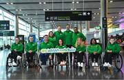 18 August 2023; Attendees, back row, from left, Aileen Buckley, from Ballydesmond in Cork, Sean Hughes, from Dunboyne in Meath, Tadhg Buckey, from Ballydesmond in Cork, and Denver Arendse, from Mullagh in Cavan, and front row, from left, Casey Fitzgerald, from Mullagh in Cavan, Ruairí Devlin, from Kinsale in Cork, Rory Guerin, from Tralee in Kerry, Angela Long, from Togher in Cork, Nicola Dore, from Kilcornan in Limerick, Britney Arendse, from Mullagh in Cavan, and Niamh Buckley, from Ballydesmond in Cork, pictured at Dublin Airport as Irish Wheelchair Association Sport sends largest Irish Para Powerlifting Team to the 2023 World Championships in Dubai. Photo by Piaras Ó Mídheach/Sportsfile