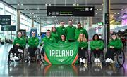 18 August 2023; Attendees, back row, from left, Aileen Buckley, from Ballydesmond in Cork, Sean Hughes, from Dunboyne in Meath, Tadhg Buckey, from Ballydesmond in Cork, and Denver Arendse, from Mullagh in Cavan, and front row, from left, Casey Fitzgerald, from Mullagh in Cavan, Ruairí Devlin, from Kinsale in Cork, Rory Guerin, from Tralee in Kerry, Angela Long, from Togher in Cork, Nicola Dore, from Kilcornan in Limerick, Britney Arendse, from Mullagh in Cavan, and Niamh Buckley, from Ballydesmond in Cork, pictured at Dublin Airport as Irish Wheelchair Association Sport sends largest Irish Para Powerlifting Team to the 2023 World Championships in Dubai. Photo by Piaras Ó Mídheach/Sportsfile