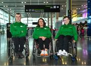 18 August 2023; Athletes, from left, Ruairí Devlin, from Kinsale in Cork, Angela Long, from Togher in Cork, Niamh Buckley, from Ballydesmond in Cork, pictured at Dublin Airport as Irish Wheelchair Association Sport sends largest Irish Para Powerlifting Team to the 2023 World Championships in Dubai. Photo by Piaras Ó Mídheach/Sportsfile