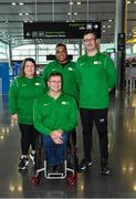 18 August 2023; Coaches, from left, Aileen Buckley, Ballydesmond in Cork, Roy Guerin, from Tralee in Kerry, front, Denver Arendse, from Mullagh in Cavan, and Tadhg Buckley, from Ballydesmond in Cork, pictured at Dublin Airport as Irish Wheelchair Association Sport sends largest Irish Para Powerlifting Team to the 2023 World Championships in Dubai. Photo by Piaras Ó Mídheach/Sportsfile