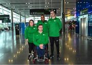 18 August 2023; Coaches, from left, Aileen Buckley, Ballydesmond in Cork, Roy Guerin, from Tralee in Kerry, front, Denver Arendse, from Mullagh in Cavan, and Tadhg Buckley, from Ballydesmond in Cork, pictured at Dublin Airport as Irish Wheelchair Association Sport sends largest Irish Para Powerlifting Team to the 2023 World Championships in Dubai. Photo by Piaras Ó Mídheach/Sportsfile