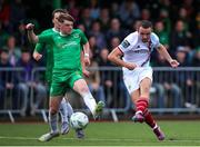 18 August 2023; Kyle Robinson of Drogheda United in action against Sean O'Connell of Kerry FC during the Sports Direct Men’s FAI Cup Second Round match between Kerry FC and Drogheda United at Mounthawk Park in Tralee, Kerry. Photo by Michael P Ryan/Sportsfile