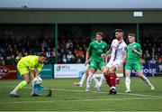 18 August 2023; Adam Foley of Drogheda United has a shot on goal saved by Kerry FC goalkeeper Lee Axworthy during the Sports Direct Men’s FAI Cup Second Round match between Kerry FC and Drogheda United at Mounthawk Park in Tralee, Kerry. Photo by Michael P Ryan/Sportsfile