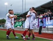 18 August 2023; Kyle Robinson of Drogheda United, right, celebrates after scoring his side's first goal with teammates during the Sports Direct Men’s FAI Cup Second Round match between Kerry FC and Drogheda United at Mounthawk Park in Tralee, Kerry. Photo by Michael P Ryan/Sportsfile