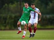 18 August 2023; Sean McGrath of Kerry FC in action against Gary Deegan of Drogheda United during the Sports Direct Men’s FAI Cup Second Round match between Kerry FC and Drogheda United at Mounthawk Park in Tralee, Kerry. Photo by Michael P Ryan/Sportsfile