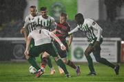 18 August 2023; Daryl Horgan of Dundalk in action against, from left, Conor Crowley, Guillermo Almirall and Cole Omorehiomwan of Bray Wanderers during the Sports Direct Men’s FAI Cup Second Round match between Bray Wanderers and Dundalk at Carlisle Grounds in Bray, Wicklow. Photo by Ben McShane/Sportsfile