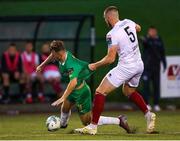 18 August 2023; Ryan Kelliher of Kerry FC is tackled by Conor Keeley of Drogheda United during the Sports Direct Men’s FAI Cup Second Round match between Kerry FC and Drogheda United at Mounthawk Park in Tralee, Kerry. Photo by Michael P Ryan/Sportsfile