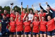 12 August 2023; Kilkerrin Clonberne, Galway, celebrate after beating Glencar–Manorhamilton, Leitrim, in the senior championship final at the 2023 currentaccount.ie All-Ireland Club 7s tournament at Naomh Mearnóg GAA Club in Malahide, Dublin. Photo by Piaras Ó Mídheach/Sportsfile