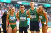 19 August 2023; Team Ireland athletes, from left, Sophie Becker, Chris O’Donnell, Jack Raftery and Sharlene Mawdsley after the mixed 4 x 400m relay during day one of the World Athletics Championships at the National Athletics Centre in Budapest, Hungary. Photo by Sam Barnes/Sportsfile
