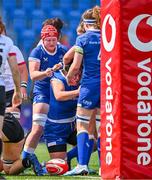 19 August 2023; Christy Haney of Leinster, centre, is congratulated by teammates after scoring their side's first try during the Vodafone Women’s Interprovincial Championship match between Leinster and Ulster at Energia Park in Dublin. Photo by Ben McShane/Sportsfile