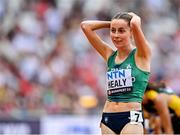 19 August 2023; Sarah Healy of Ireland reacts after qualifying in the women's 1500m during day one of the World Athletics Championships at the National Athletics Centre in Budapest, Hungary. Photo by Sam Barnes/Sportsfile