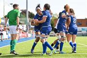 19 August 2023; Eimear Corri of Leinster celebrates with teammate Hannah O'Connor after scoring their side's seventh try during the Vodafone Women’s Interprovincial Championship match between Leinster and Ulster at Energia Park in Dublin. Photo by Ben McShane/Sportsfile