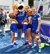 19 August 2023; Leinster debutants, from left, Emma Tilly, Leah Tarpey and Natasja Behan with Leinster mascot Leo the Lion after the Vodafone Women’s Interprovincial Championship match between Leinster and Ulster at Energia Park in Dublin. Photo by Ben McShane/Sportsfile
