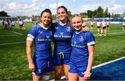19 August 2023; Leinster debutants, from left, Natasja Behan, Leah Tarpey and Emma Tilly after the Vodafone Women’s Interprovincial Championship match between Leinster and Ulster at Energia Park in Dublin. Photo by Ben McShane/Sportsfile