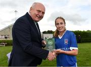 19 August 2023; FAI President Gerry McAnaney presents the player of the match award to Lydia Looney of Wilton United after the FAI Women’s Amateur Shield Final 2023 match between St Patrick’s CYFC and Wilton United at Newhill Park in Two Mile Borris, Tipperary. Photo by Tom Beary/Sportsfile