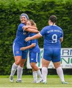 19 August 2023; Lydia Looney of Wilton United, centre, celebrates with teammates after scoring her side's first goal during the FAI Women’s Amateur Shield Final 2023 match between St Patrick’s CYFC and Wilton United at Newhill Park in Two Mile Borris, Tipperary. Photo by Tom Beary/Sportsfile