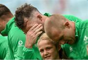 19 August 2023; Peter O’Mahony, left, and Keith Earls of Ireland during the National Anthem before the Bank of Ireland Nations Series match between Ireland and England at Aviva Stadium in Dublin. Photo by Ramsey Cardy/Sportsfile