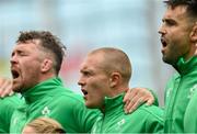 19 August 2023; Ireland players, from left, Peter O’Mahony, Keith Earls and Conor Murray during the National Anthem before the Bank of Ireland Nations Series match between Ireland and England at Aviva Stadium in Dublin. Photo by Ramsey Cardy/Sportsfile