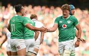 19 August 2023; Cian Prendergast of Ireland, right, is congratulated y teammate James Lowe after winning a turnover during the Bank of Ireland Nations Series match between Ireland and England at Aviva Stadium in Dublin. Photo by Brendan Moran/Sportsfile