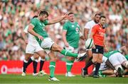 19 August 2023; Ross Byrne of Ireland during the Bank of Ireland Nations Series match between Ireland and England at Aviva Stadium in Dublin. Photo by Brendan Moran/Sportsfile