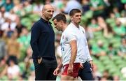 19 August 2023; England head coach Steve Borthwick, George Ford, centre, and Owen Farrell of England before the Bank of Ireland Nations Series match between Ireland and England at Aviva Stadium in Dublin. Photo by Ramsey Cardy/Sportsfile
