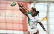 19 August 2023; Cian Prendergast of Ireland and Maro Itoje of England compete for possession in the lineout during the Bank of Ireland Nations Series match between Ireland and England at Aviva Stadium in Dublin. Photo by Ramsey Cardy/Sportsfile