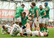 19 August 2023; Garry Ringrose of Ireland celebrates with teammates after scoring their side's second try during the Bank of Ireland Nations Series match between Ireland and England at Aviva Stadium in Dublin. Photo by Ramsey Cardy/Sportsfile