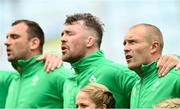 19 August 2023; Ireland players, from right to left, Keith Earls, Peter O’Mahony, and Tadhg Beirne during the National Anthem before the Bank of Ireland Nations Series match between Ireland and England at Aviva Stadium in Dublin. Photo by Ramsey Cardy/Sportsfile