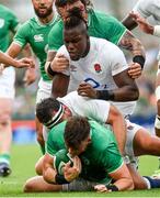 19 August 2023; Dan Sheehan of Ireland is tackled by Jamie George, centre, and Maro Itoje of England during the Bank of Ireland Nations Series match between Ireland and England at Aviva Stadium in Dublin. Photo by Ramsey Cardy/Sportsfile