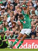19 August 2023; Ross Byrne of Ireland kicks a conversion during the Bank of Ireland Nations Series match between Ireland and England at the Aviva Stadium in Dublin. Photo by Harry Murphy/Sportsfile