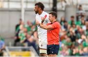 19 August 2023; Referee Paul Williams shows a red card to Billy Vunipola of England, not pictured, during the Bank of Ireland Nations Series match between Ireland and England at Aviva Stadium in Dublin. Photo by Ramsey Cardy/Sportsfile