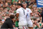 19 August 2023; Billy Vunipola of England is consoled by Ellis Genge, after being shown a red card during the Bank of Ireland Nations Series match between Ireland and England at Aviva Stadium in Dublin. Photo by Ramsey Cardy/Sportsfile