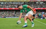 19 August 2023; James Lowe of Ireland scores his side's third try during the Bank of Ireland Nations Series match between Ireland and England at Aviva Stadium in Dublin. Photo by Brendan Moran/Sportsfile