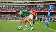 19 August 2023; James Lowe of Ireland scores his side's third try during the Bank of Ireland Nations Series match between Ireland and England at Aviva Stadium in Dublin. Photo by Brendan Moran/Sportsfile