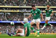 19 August 2023; Mack Hansen of Ireland celebrates with teammate Hugo Keenan after scoring his side's fourth try during the Bank of Ireland Nations Series match between Ireland and England at the Aviva Stadium in Dublin. Photo by Harry Murphy/Sportsfile