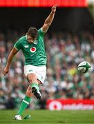 19 August 2023; Ross Byrne of Ireland kicks a conversion  during the Bank of Ireland Nations Series match between Ireland and England at the Aviva Stadium in Dublin. Photo by Harry Murphy/Sportsfile