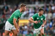 19 August 2023; Jack Crowley and Ross Byrne of Ireland during the Bank of Ireland Nations Series match between Ireland and England at the Aviva Stadium in Dublin. Photo by Harry Murphy/Sportsfile