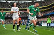 19 August 2023; Keith Earls of Ireland celebrates after scoring his side's fifth try during the Bank of Ireland Nations Series match between Ireland and England at Aviva Stadium in Dublin. Photo by Brendan Moran/Sportsfile