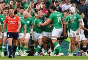 19 August 2023; Keith Earls of Ireland celebrates with teammates after scoring their side's fifth try during the Bank of Ireland Nations Series match between Ireland and England at Aviva Stadium in Dublin. Photo by Ramsey Cardy/Sportsfile