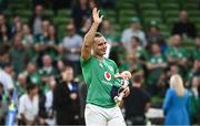 19 August 2023; James Lowe of Ireland and his son Nico after his side's victory in the Bank of Ireland Nations Series match between Ireland and England at the Aviva Stadium in Dublin. Photo by Harry Murphy/Sportsfile